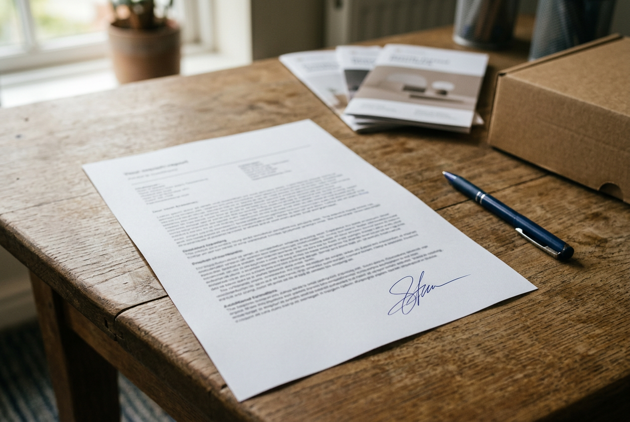 Rapport imprimé signé à l’encre, posé sur un bureau à côté d’un stylo et de brochures