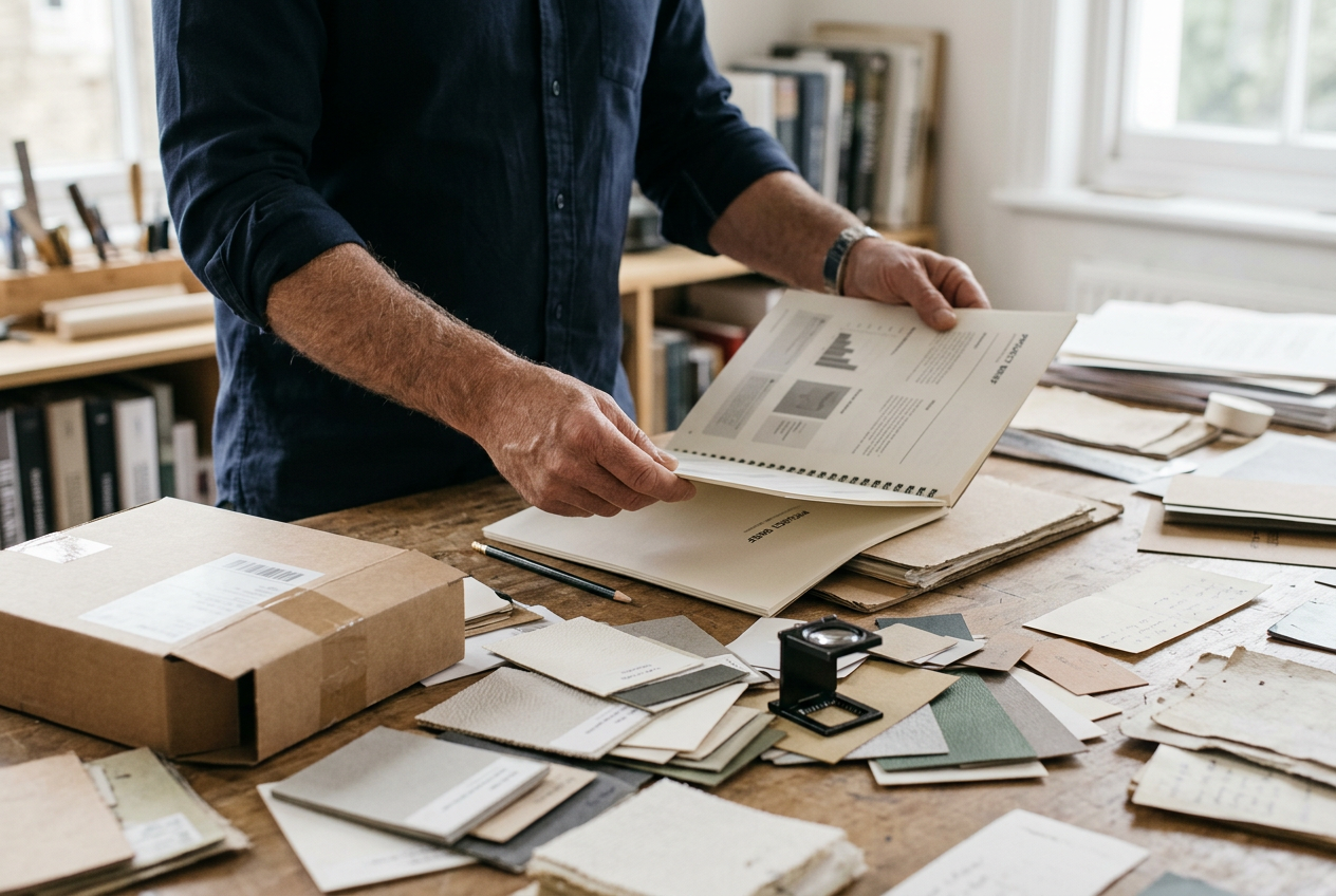 Mains d’un homme feuilletant un dossier de projet sur un établi couvert d’échantillons de papier