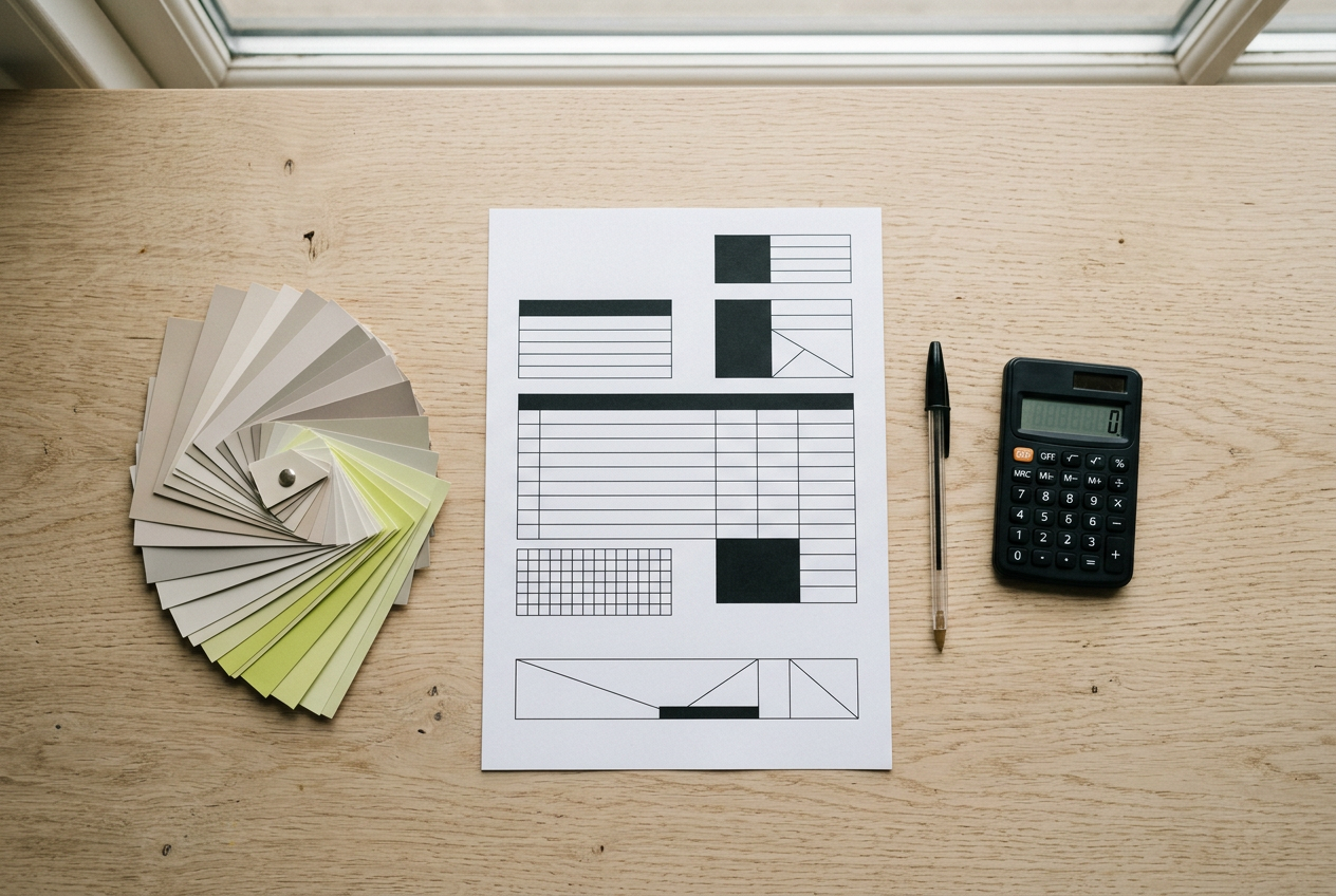 Feuille de devis posée entre un éventail d’échantillons de papier et une calculatrice